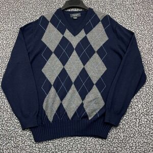 Toscano Sweater Men Large Blue‎ Argyle Long Sleeve V-Neck Fine Merino Wool L